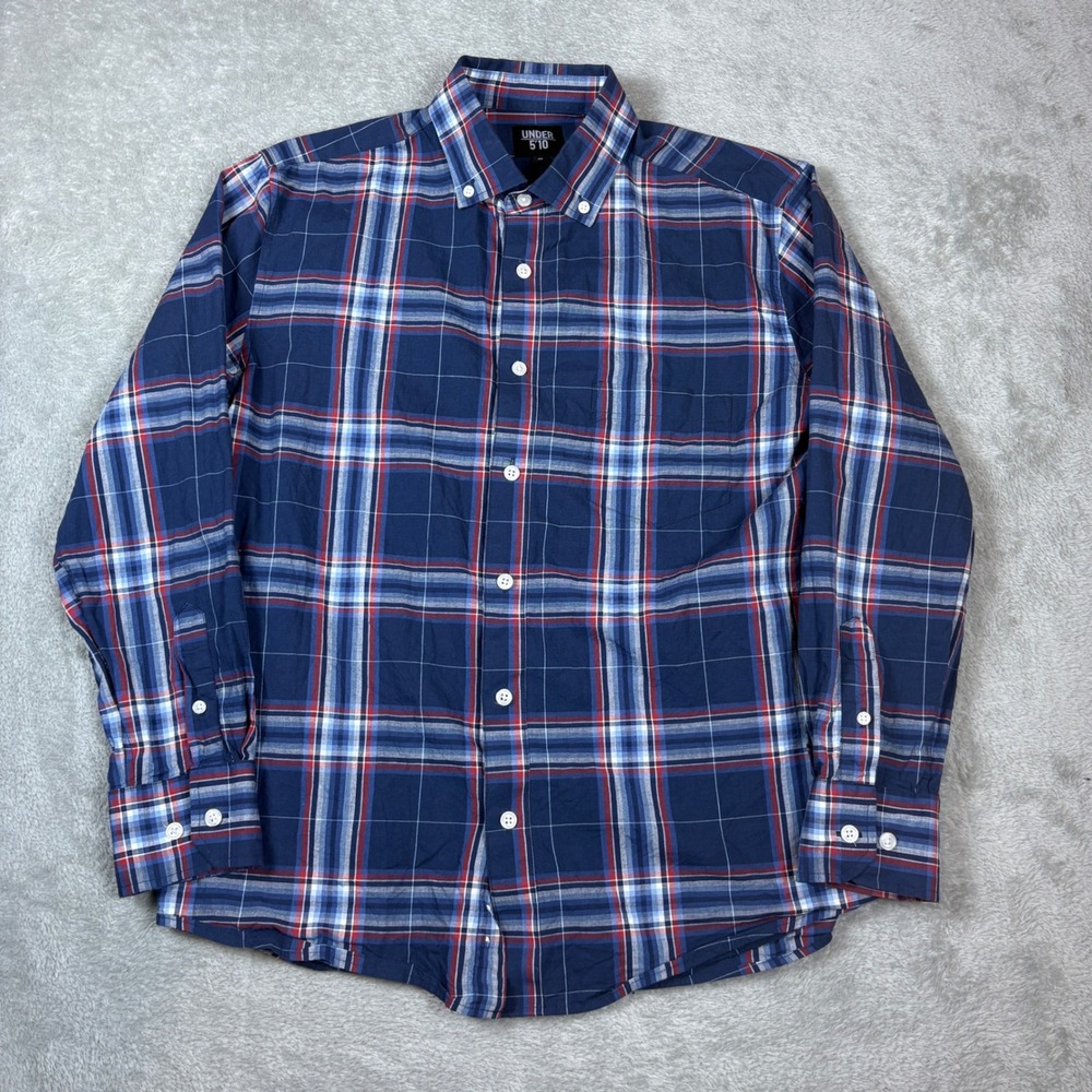 Under 5'10 Shirt Mens M Button Down Plaid Navy Blue Casual Tailored Fit - Picture 1 of 7